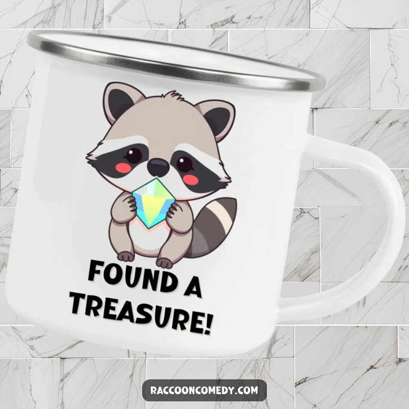 Funny camping mug with a cute kawaii raccoon offering a sparkling gem, a delightful companion for outdoor trips.