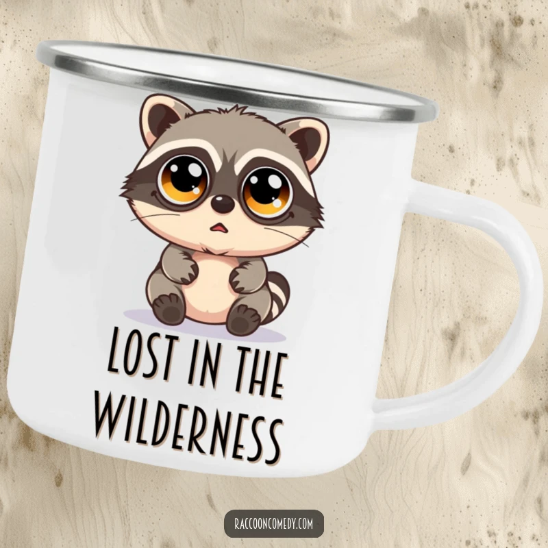 Funny kawaii raccoon with massive googly eyes and a bewildered expression on a durable camping mug.