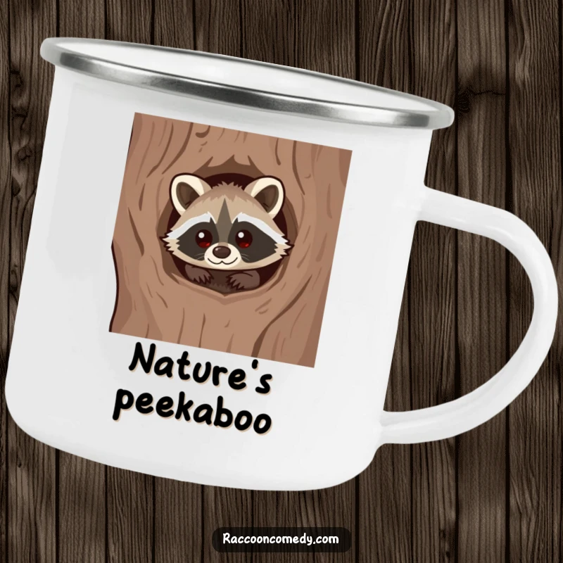 Funny Kawaii Raccoon Camp Mug: Sturdy mug with a cute raccoon peeking from a tree hollow.