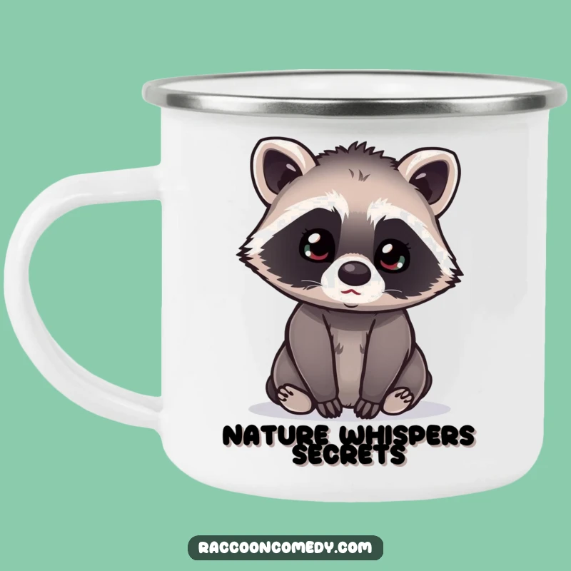 Funny Kawaii Raccoon Camping Mug: Curious Listener, Humorous Outdoor Drinkware