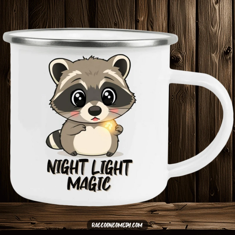 Funny raccoon camping mug featuring a surprised raccoon with wide eyes, mesmerized by a glowing firefly, perfect for outdoor enchantment.