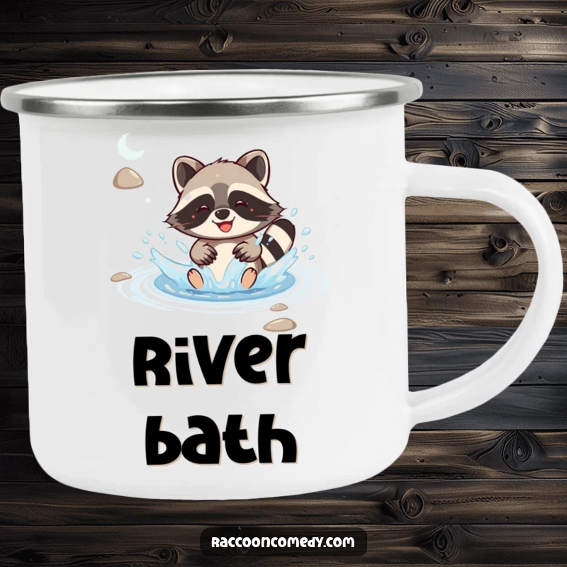 Funny kawaii raccoon joyfully splashing in a stream with delight, depicted on a rugged camping mug for outdoor enjoyment.