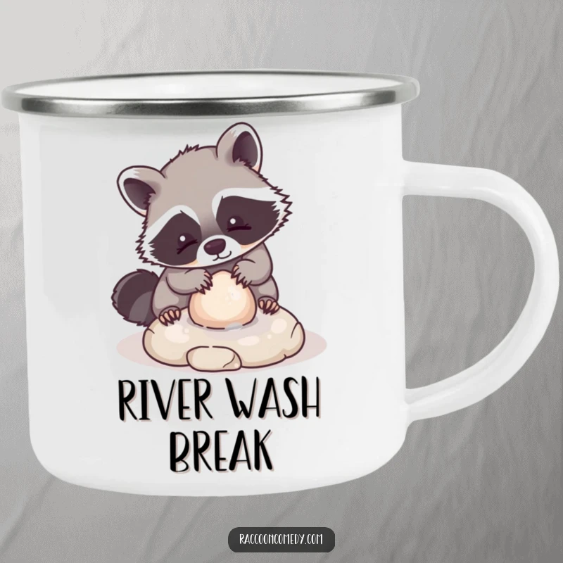 Funny camping mug showing a kawaii raccoon character playfully washing a small, round stone, designed for calm and cute enjoyment outdoors.