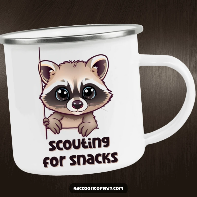 Funny enamel camping mug showcasing a raccoon with large, curious eyes peeking from behind a corner, for outdoor use.