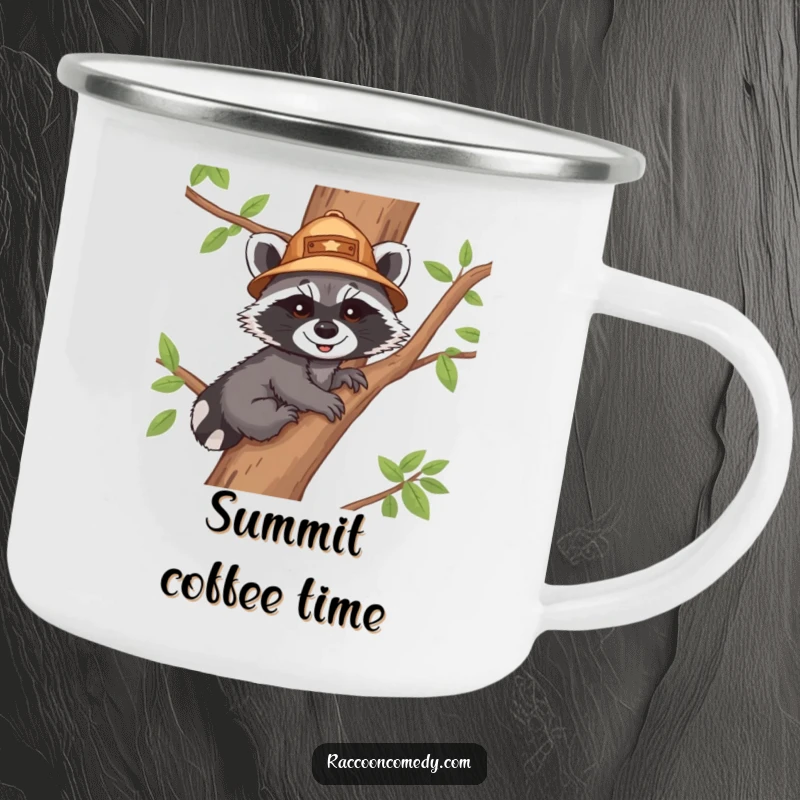 Funny camping mug featuring a happy raccoon cub explorer in an explorer hat, climbing a tree, ready for outdoor adventures.