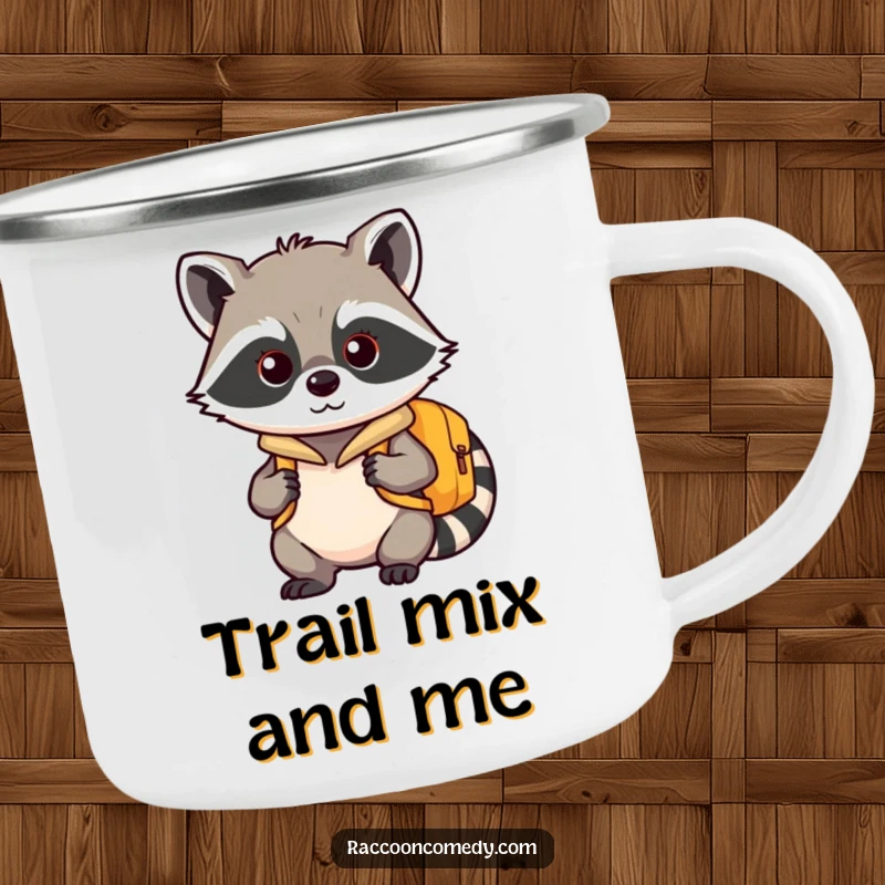 Funny kawaii raccoon camping mug, with a tiny backpack, looking ready to conquer any trail.