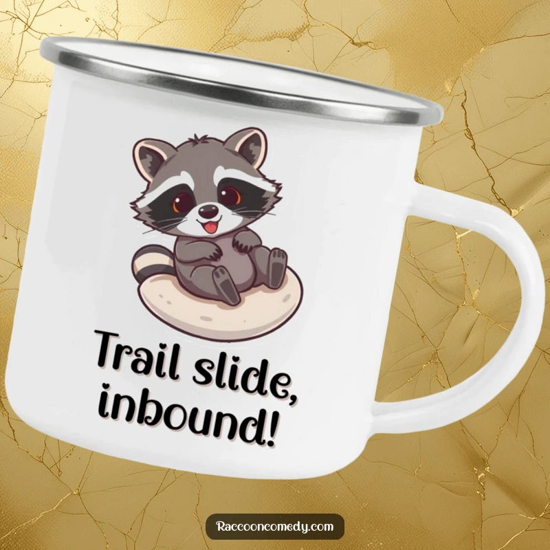 Funny raccoon camping mug showing a delighted raccoon sliding down a smooth surface, perfect for outdoor humor.