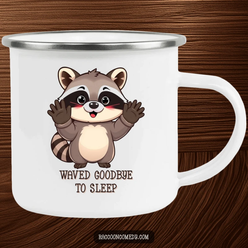 Funny kawaii raccoon waving goodbye from a durable camping mug, ready for any outdoor adventure with a cute smile.