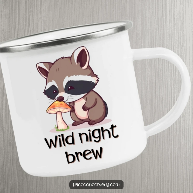 Funny Raccoon Camping Mug: A curious raccoon enjoys a glowing mushroom's light, embodying campfire wonder.