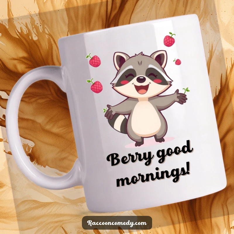 Funny raccoon mug, a joyful raccoon gleefully juggling colorful berries in the air, vibrant and happy woodland creature art.