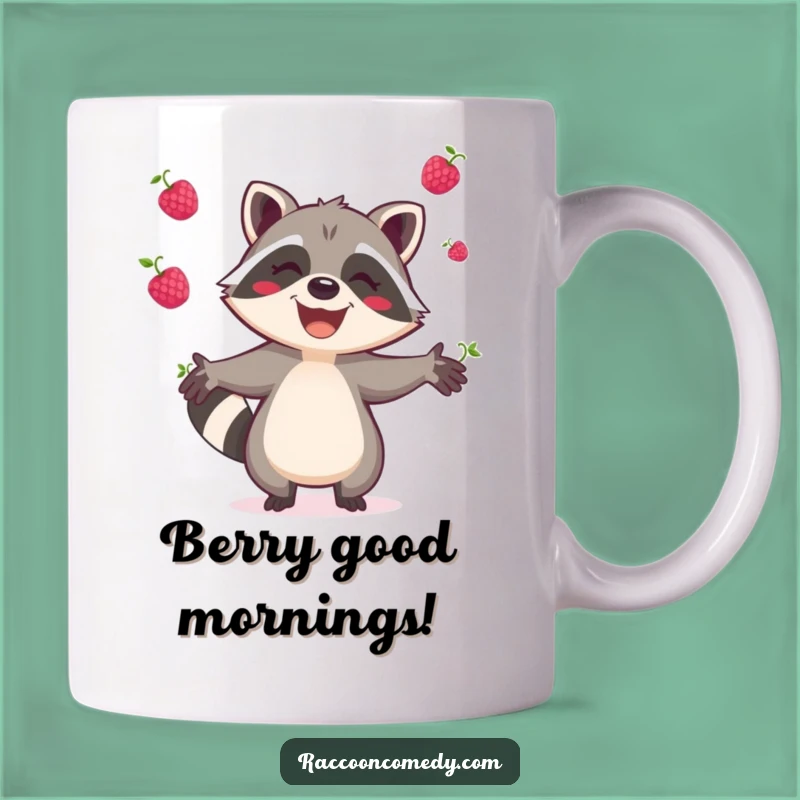 Funny Raccoon Juggling Berries Mug: Joyful Woodland Treat for Happy Mornings