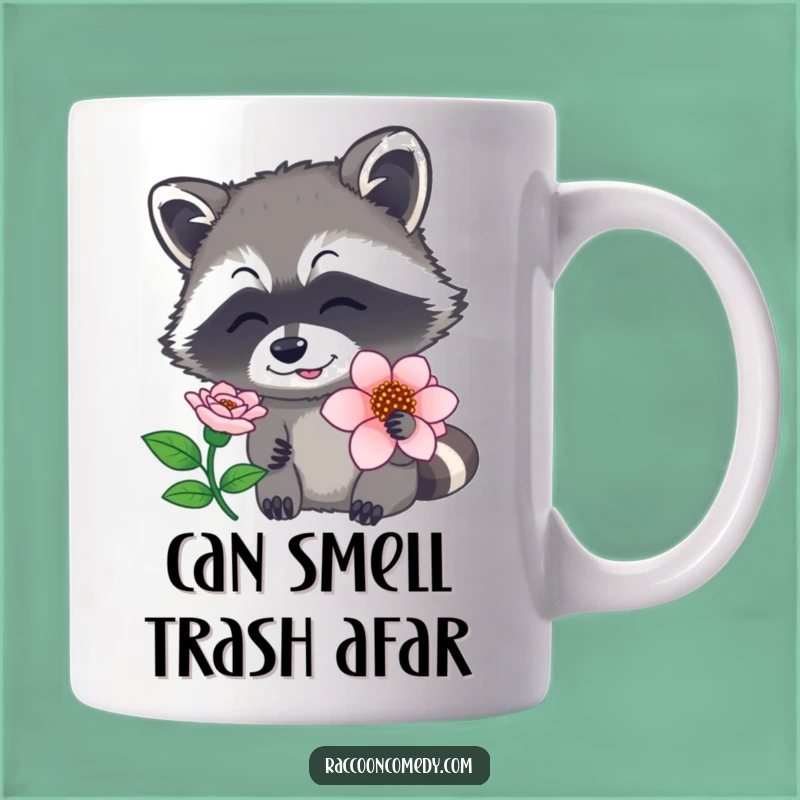 Funny Raccoon Sniffing Flower Mug - Nature Lover's Humorous Gift!