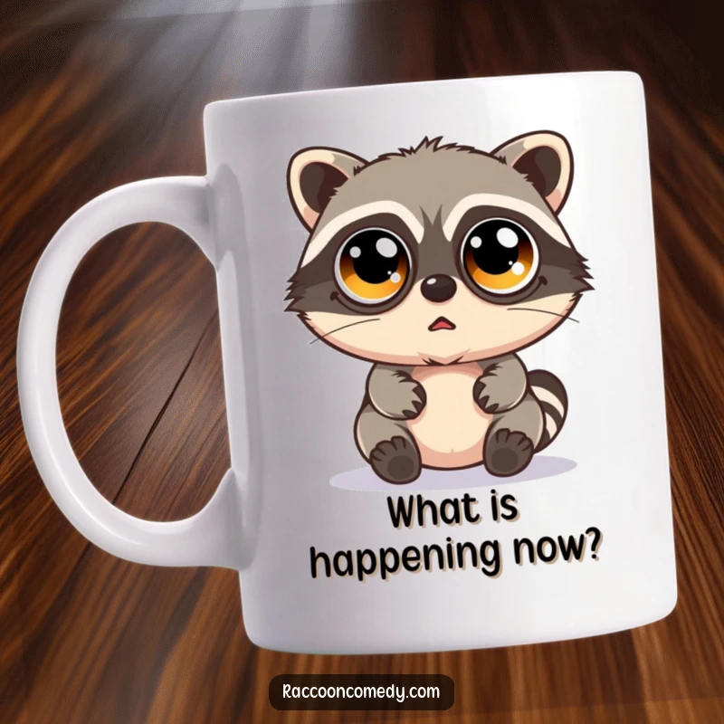 Funny kawaii raccoon with huge googly eyes, looking utterly bewildered and surprised on a ceramic mug.