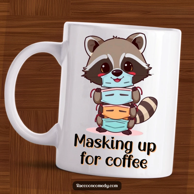 Funny raccoon mug featuring a cheerful raccoon balancing a stack of colorful masks, symbolizing adaptability and joy, a humorous gift.