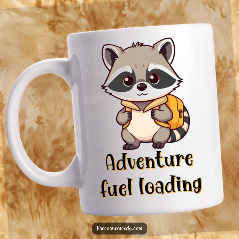 Funny kawaii raccoon mug, sporting a tiny backpack, looking eager and ready for an exciting adventure.