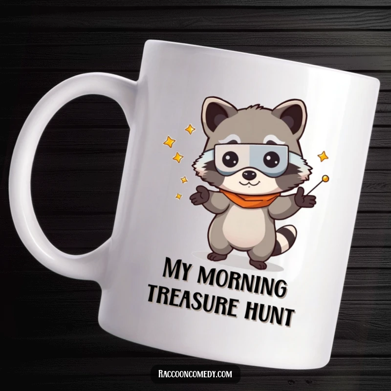 Funny kawaii raccoon wearing a bandit mask, playfully juggling sparkling trinkets on a cute mug, perfect for gift giving.