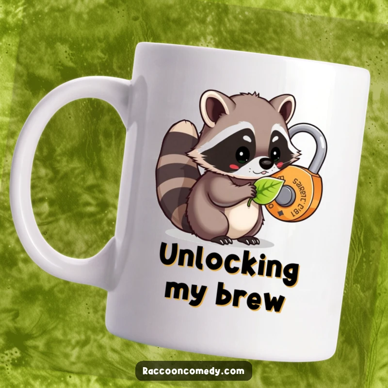 Funny kawaii raccoon trying to unlock a whimsical lock with a leaf on a cute mug, perfect for imaginative gifting.