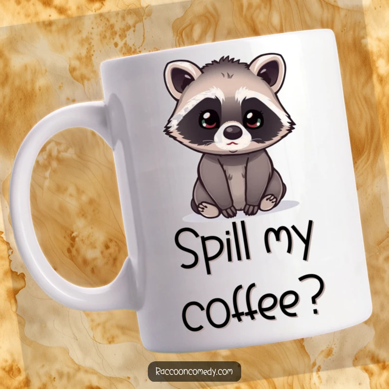 Funny kawaii raccoon with its head tilted curiously, listening intently with an adorable expression, featured on a humorous mug.
