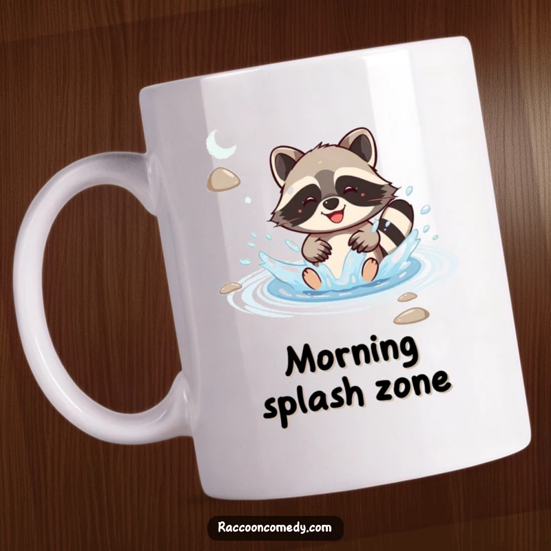 Funny kawaii raccoon joyfully splashing in a rippling stream with sheer delight and exuberance, featured on a humorous mug.