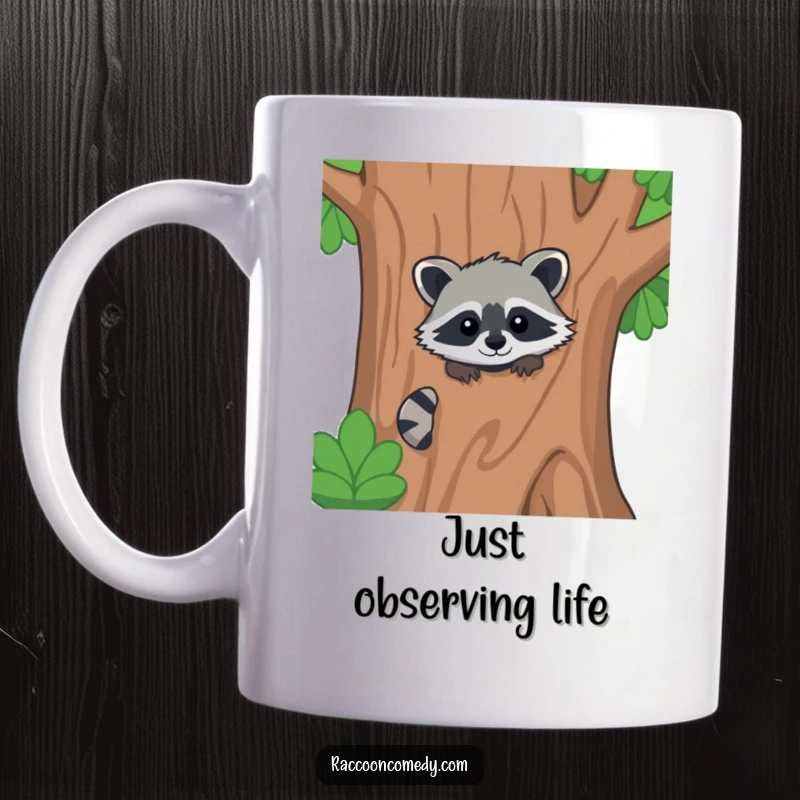 Funny kawaii raccoon mug, peeking out playfully from behind a large, vibrant, stylized tree.