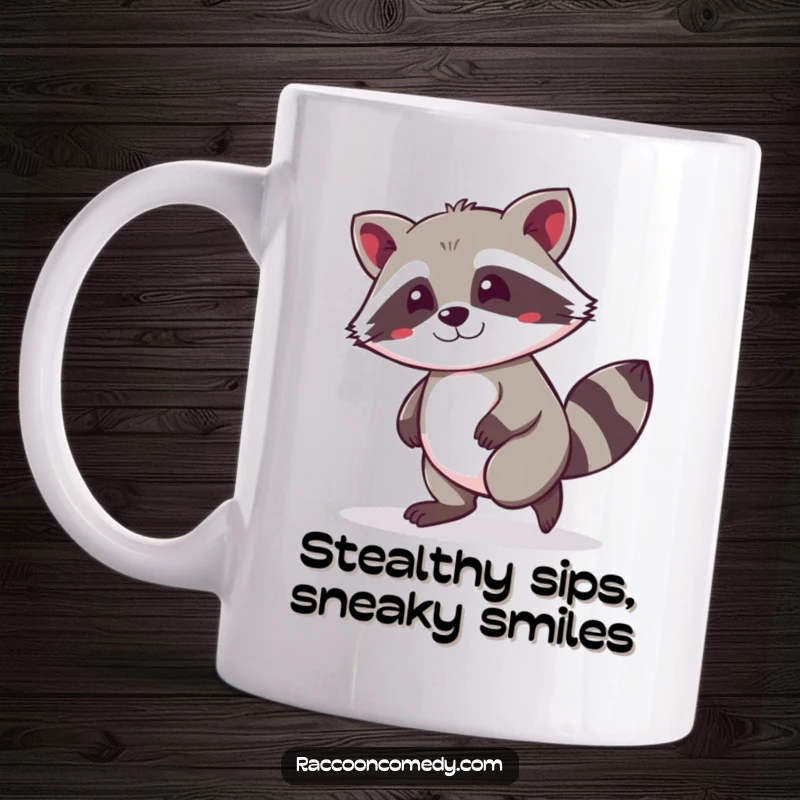 Funny kawaii raccoon tiptoeing stealthily with a wide, mischievous grin, ready for adorable trouble on a ceramic mug.