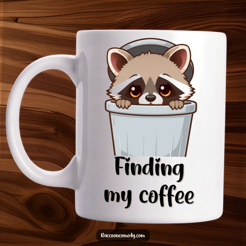 Funny Raccoon Mug: A kawaii raccoon with wide, curious eyes peeking out from a trash can, embodying adorable scavenging and playful mischief.