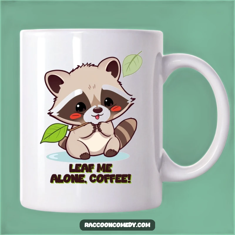 Funny Playful Kawaii Raccoon Leaf Batting Mug: Joyful Gift for Nature Lovers