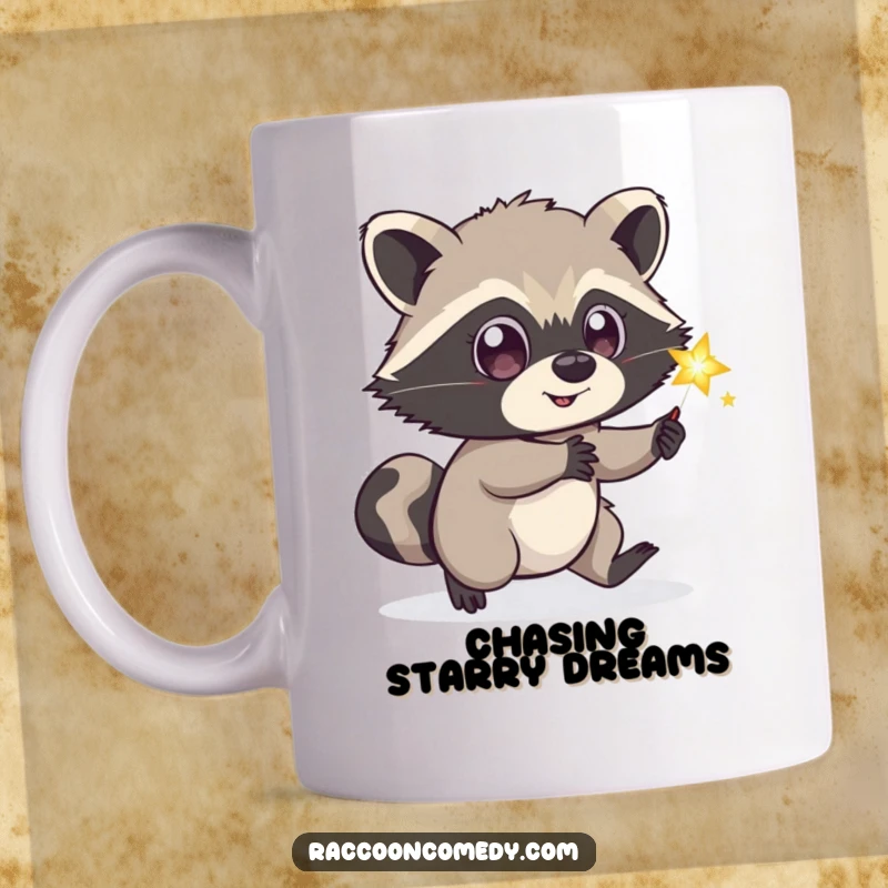 Funny playful raccoon mug, wide eyes, chasing sparkling firefly, magical night scene, perfect gift.