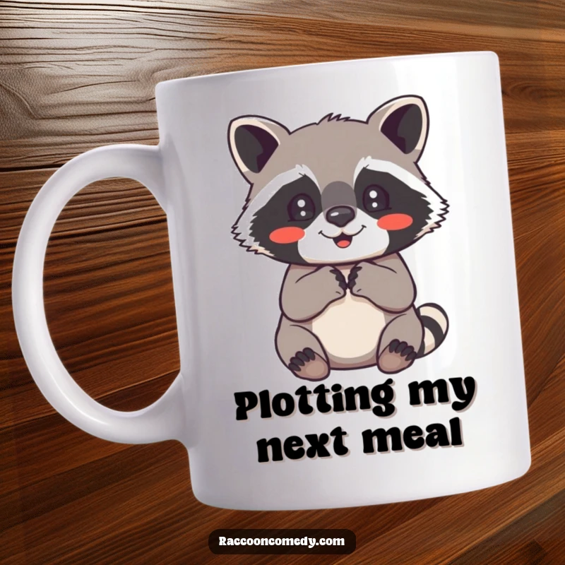 Funny raccoon mug showing a cute raccoon clutching its paws together with a look of pure, delightful happiness.