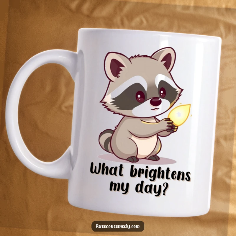 Funny raccoon mug with a cute character looking curiously at a mysterious glowing object, evoking a sense of wonder and intrigue.