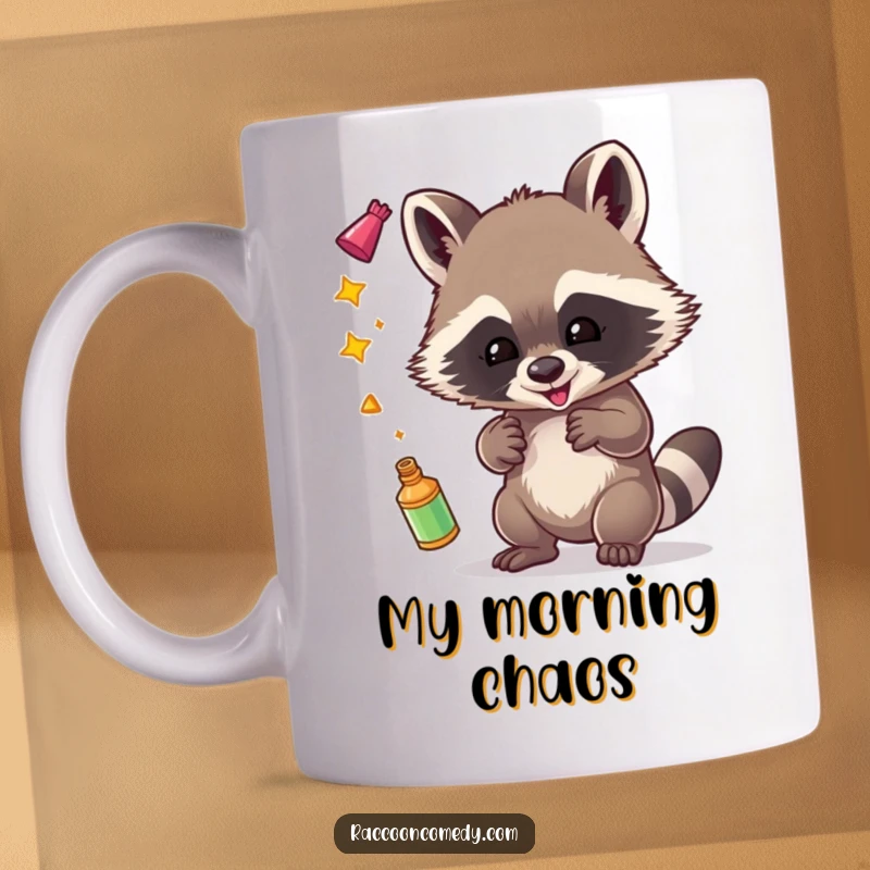 Funny mug featuring a mischievous raccoon with a gleeful expression, juggling shiny objects like keys and coins.