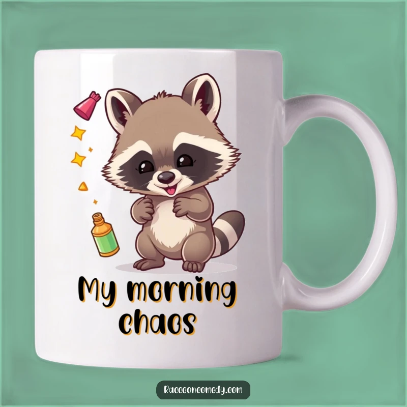Funny Raccoon Juggling Mug: Gleeful Bandit's Shiny Treasure Gift