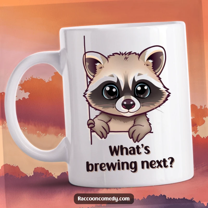 Funny mug featuring a cute raccoon with large, curious eyes peeking from behind a corner, inviting playful interaction.