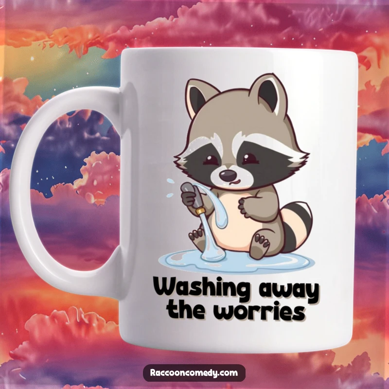 Funny raccoon mug with a cute character playfully washing a shiny object, showcasing its quirky obsession with cleanliness.
