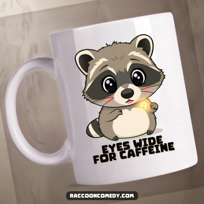 Funny raccoon mug showing a surprised raccoon with wide eyes, mesmerized by a tiny, glowing firefly on a magical night, a delightful gift.