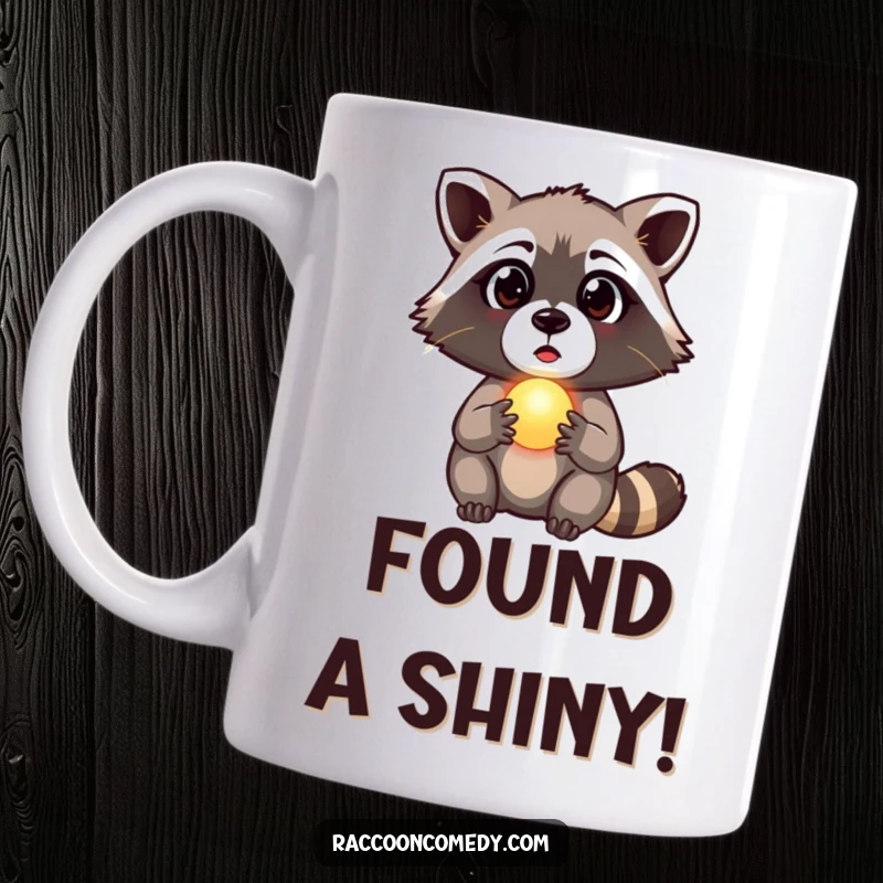 Funny raccoon mug showing a surprised raccoon holding a small, glowing orb, expressing wonder and intrigue, a magical funny gift.