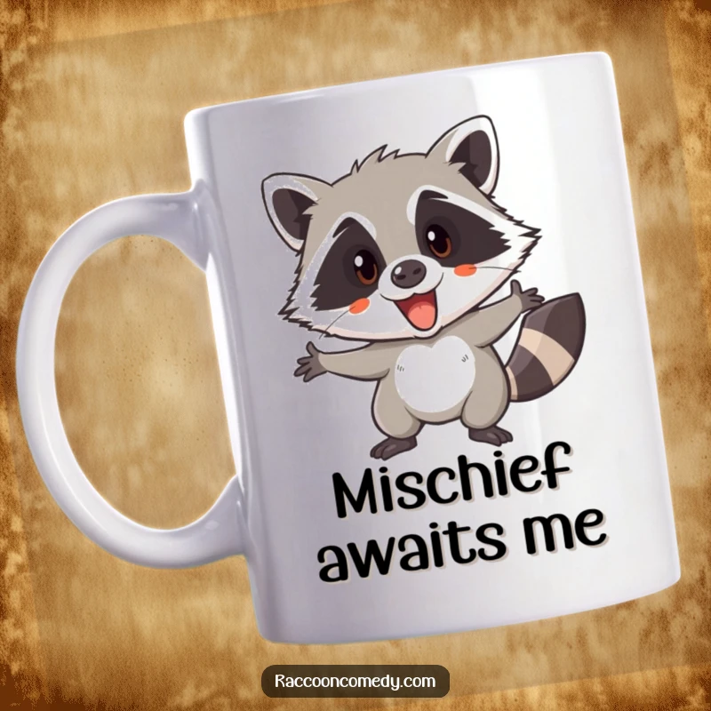 Funny mug showing an excited, alert raccoon with wide eyes, poised for a secretive adventure, looking ready to pounce.