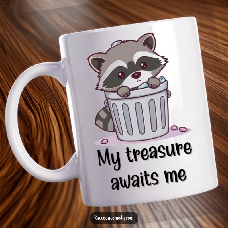 Funny mischievous raccoon trash mug showing a raccoon peeking with a sly grin from behind an overflowing trash can, capturing a bandit’s spirit.