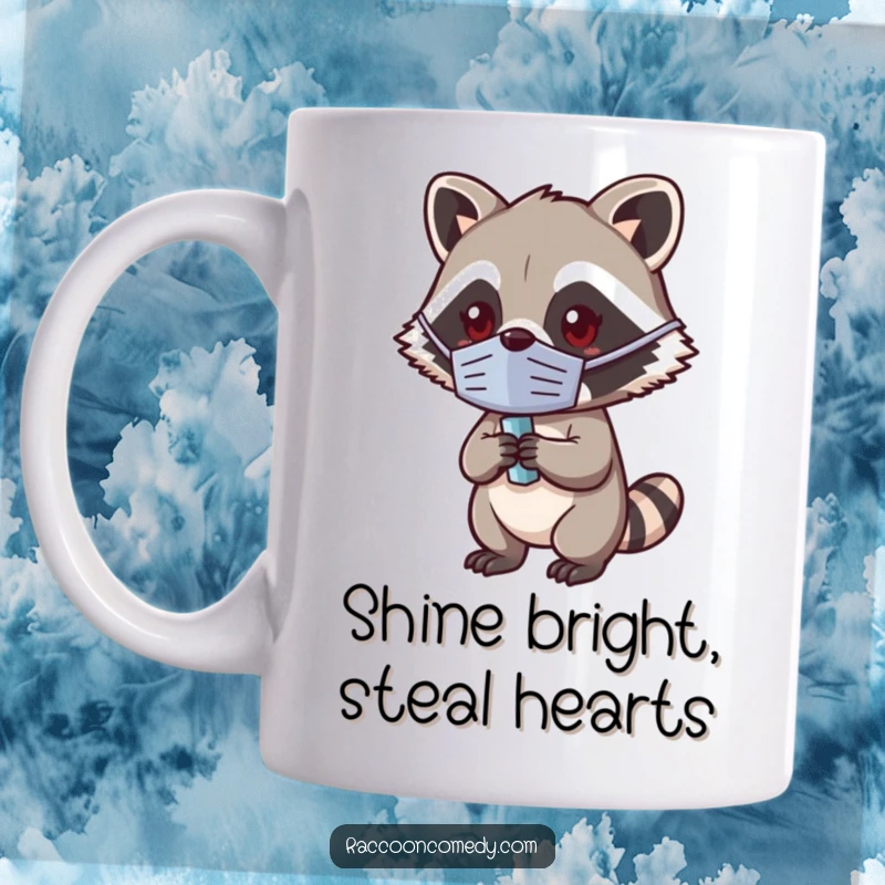 Funny Kawaii Raccoon Mug: A cute masked raccoon holding a shiny trinket, perfect for a sneaky laugh.