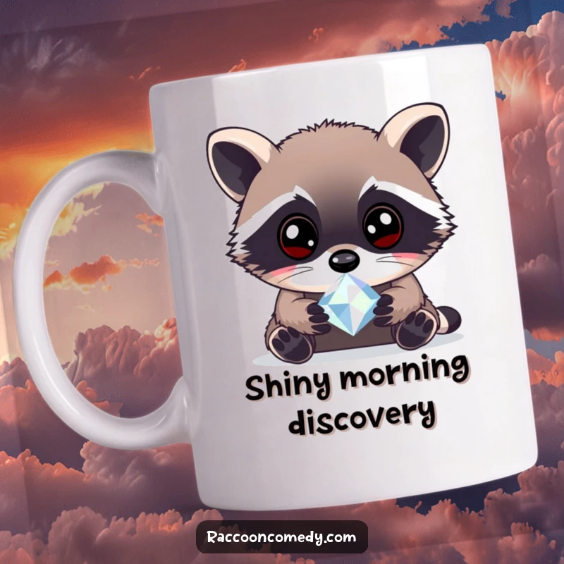 Funny curious raccoon gem mug with wide, bright eyes examining a sparkling gem, capturing a moment of wonder and fascination.