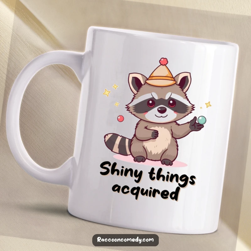 Funny cute raccoon mug, wearing tiny hat, juggling shiny objects with skill, whimsical animal art, perfect gift.