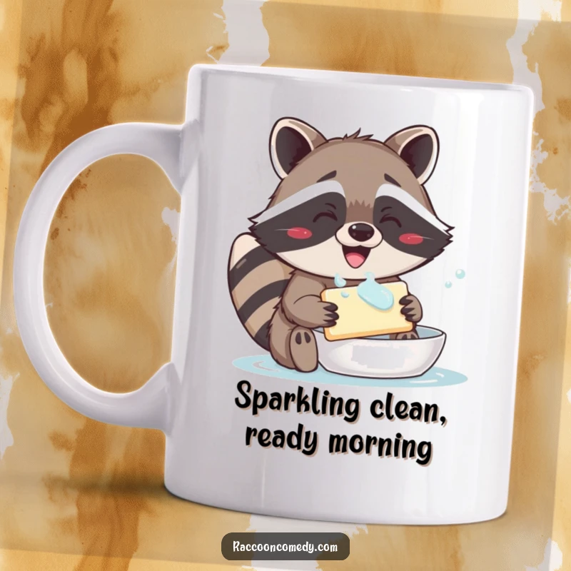 Funny mug featuring a joyful raccoon with a huge grin, happily washing a bar of soap with bubbly enthusiasm.