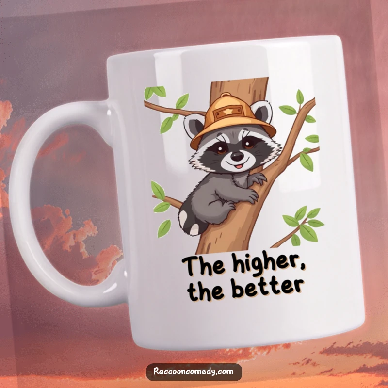 Funny mug featuring a smiling raccoon cub in an explorer hat, joyfully climbing a tree, capturing a moment of pure adventurous fun.
