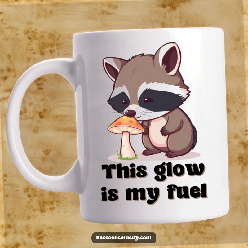 Funny Raccoon Mug: A curious raccoon sniffs a magical glowing mushroom with wide-eyed wonder and delight.