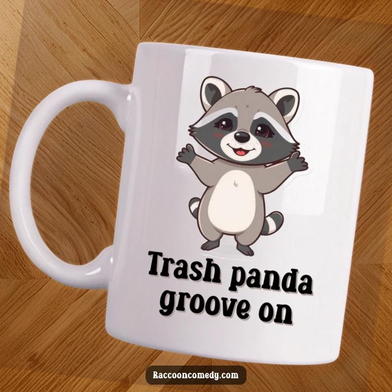 Funny mug featuring a gleeful raccoon doing a silly dance with its paws raised high in celebration.