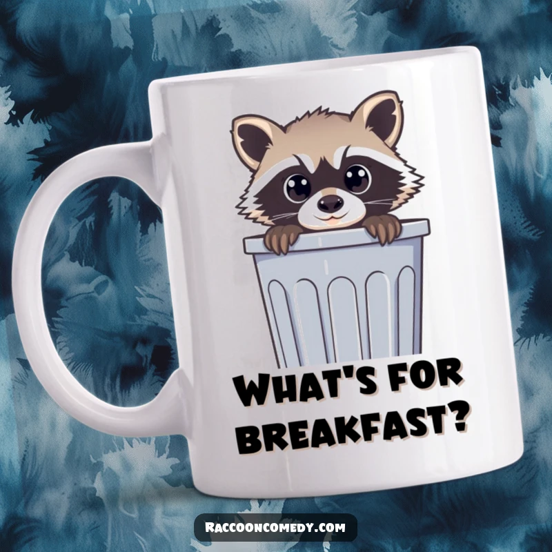 Funny mug with a curious raccoon peeking out of a trash can with big, wide eyes, embodying innocent mischief and humor.