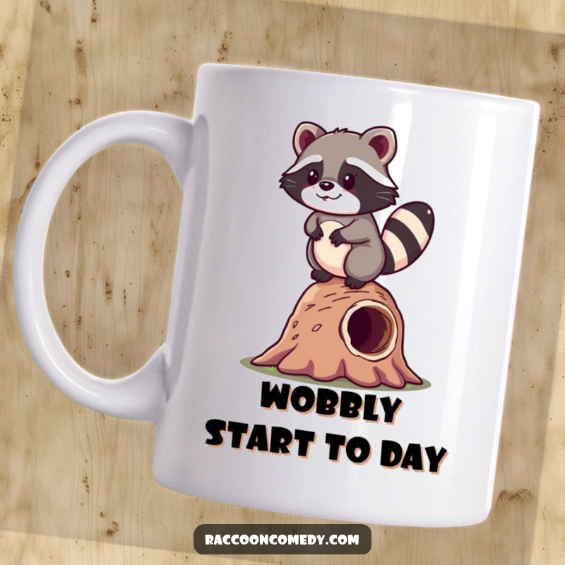 Funny kawaii raccoon happily wobbling while balancing on a hollow log on a cute mug, ideal for humor lovers.