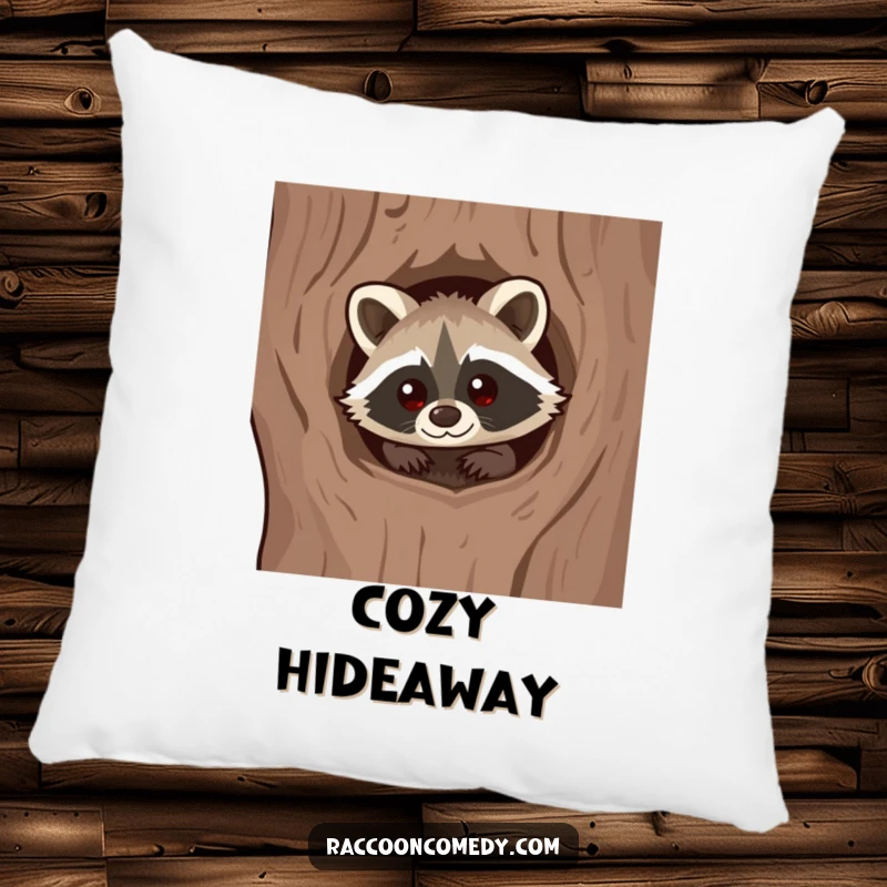 Funny Kawaii Raccoon Pillow: Soft cushion featuring a cute raccoon peeking from a tree hollow.