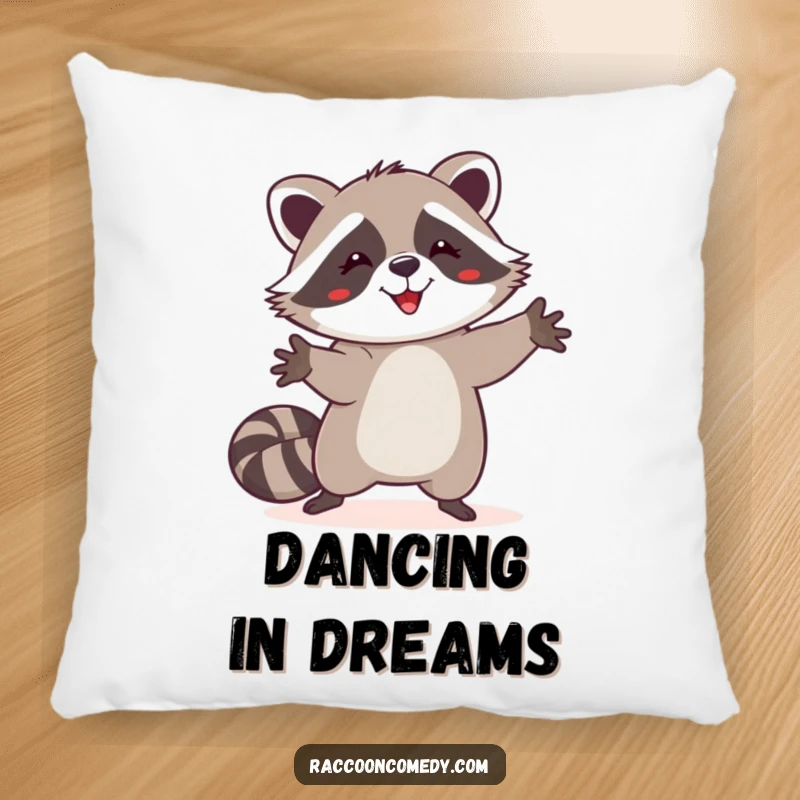 Funny happy raccoon pillow, silly dance, paws raised, plush comfort, energetic animal, delightful funny gift.