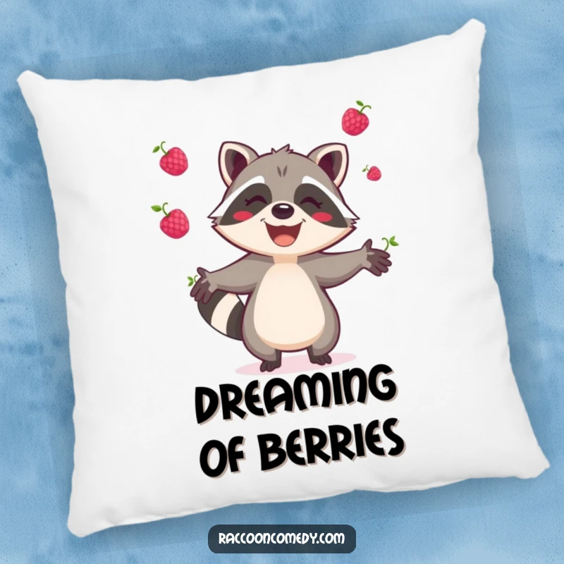 Funny raccoon pillow, soft and cozy, featuring a joyful raccoon gleefully juggling berries, perfect for adding comfort and smiles.